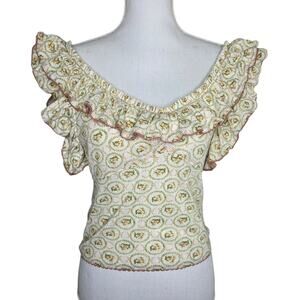 Free People Womens White Green Floral Off The Shoulder Blouse Ruffle SZ M Boho